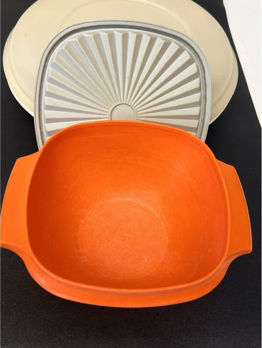 4 Vtg Tupperware Mixed- Orange 840-G, 5 Comp Tray 1709-6, Spaghetti, Velveeta